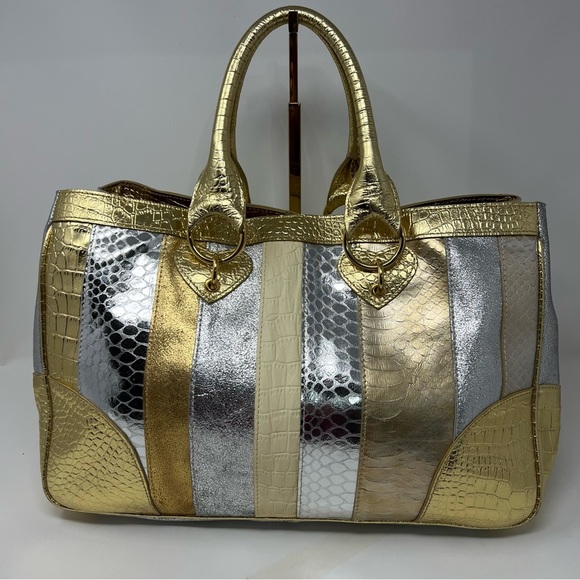 BEVERLY FELDMAN Shoulder Bag Satchel Gold / Silver Leather handbag - Picture 16 of 16